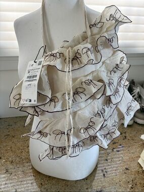 Zara Cream Ruffled Crossbody Bag with Brown Stitching